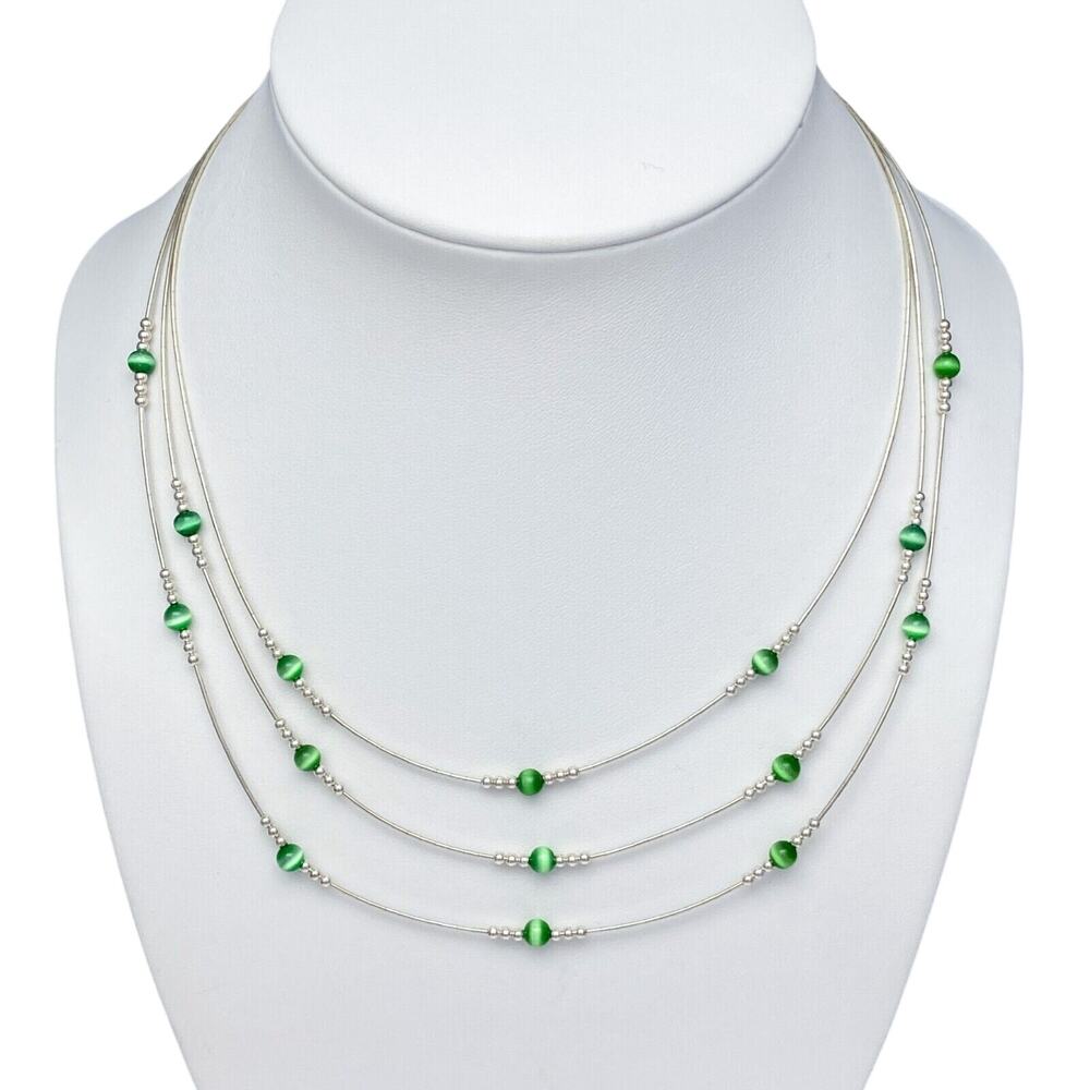 Vintage Sterling Silver 925 Triple Strand Green Cat's Eye Necklace 16”-19”
